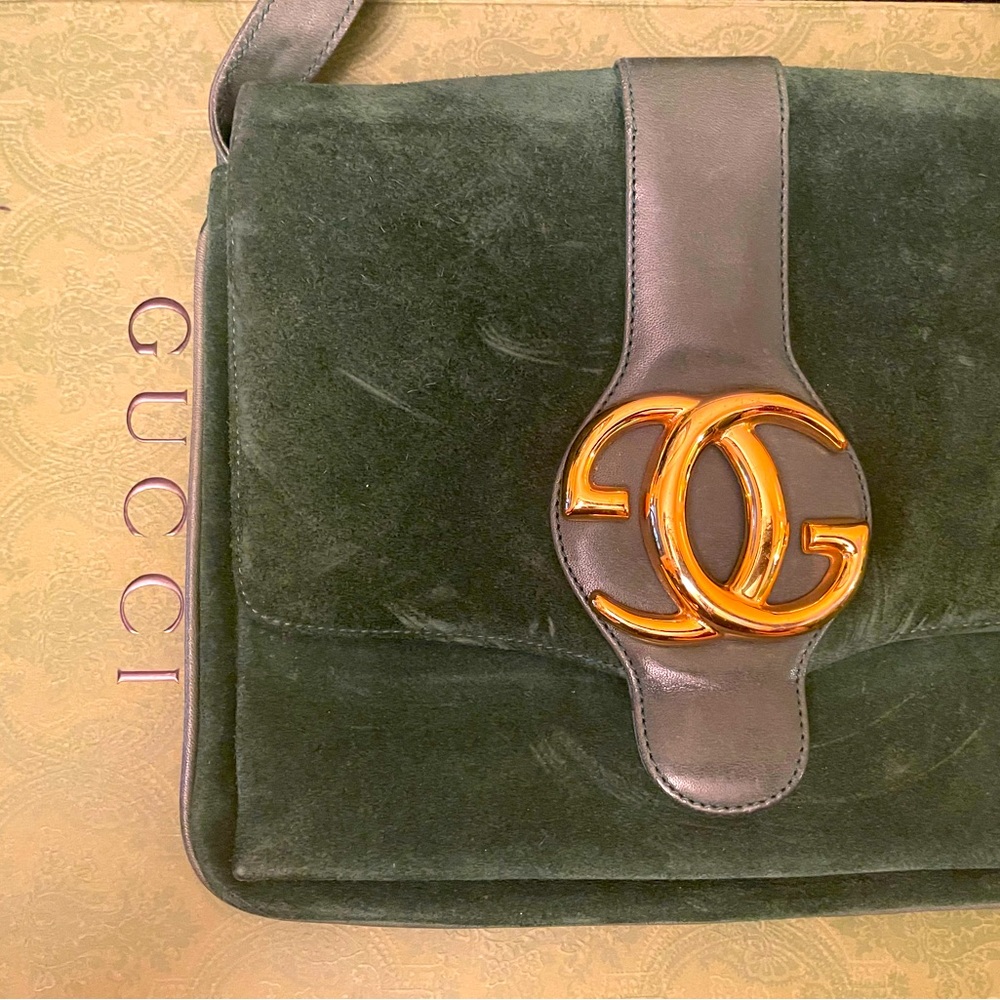 GUCCI VINTAGE GREEN SUEDE BAG WITH GOLD GG
